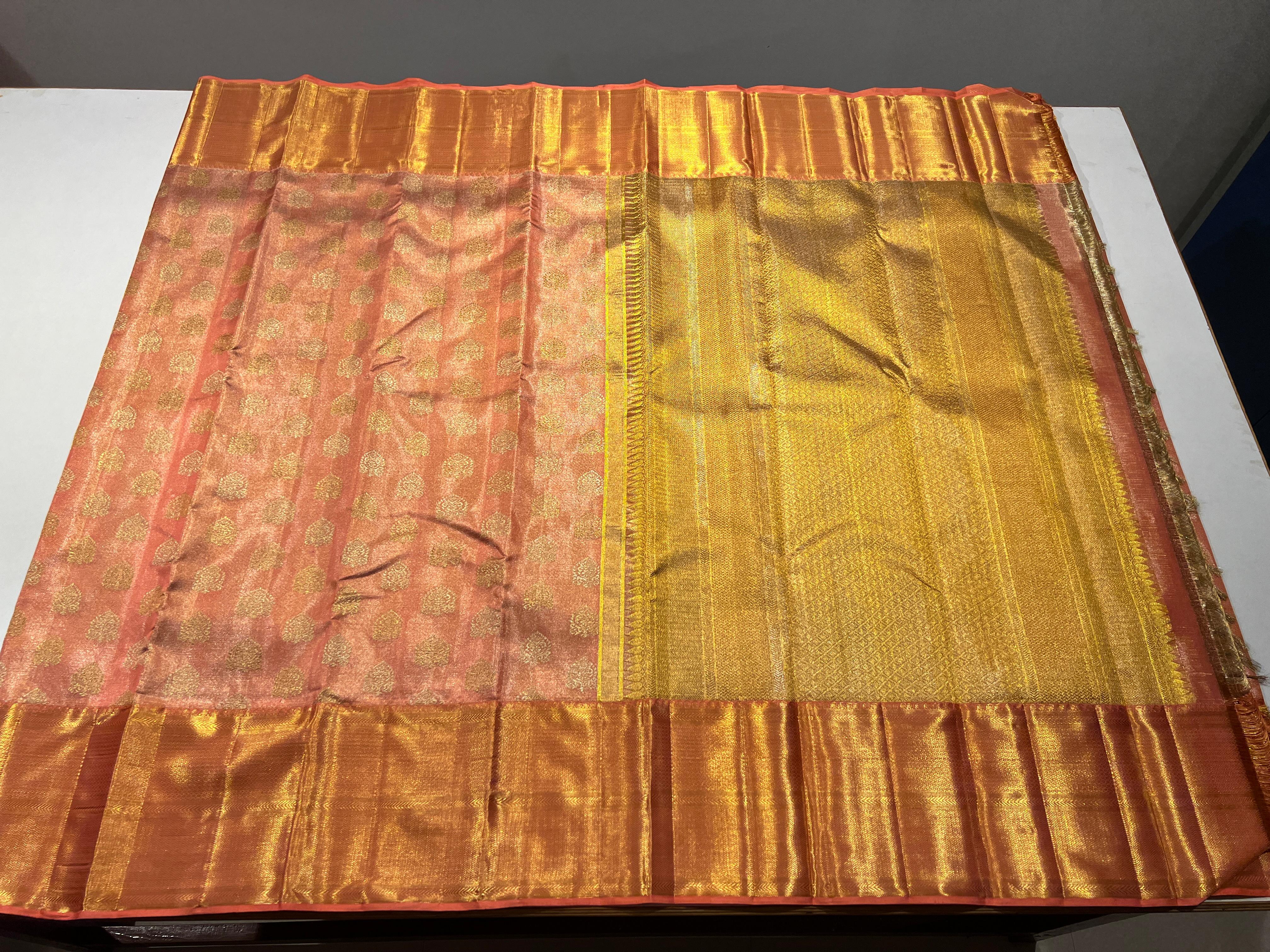 MULTI COLOUR BODY/PEACH COLOUR COMBITION PURE KANCHI SILK SAREE