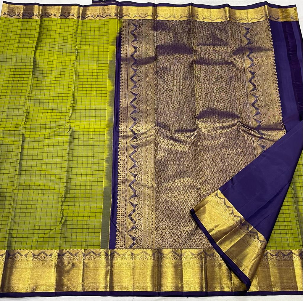 PARROT GREEN/VOILET  COLOUR PURE KANCHI SILK SAREE