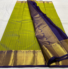 PARROT GREEN/VOILET  COLOUR PURE KANCHI SILK SAREE