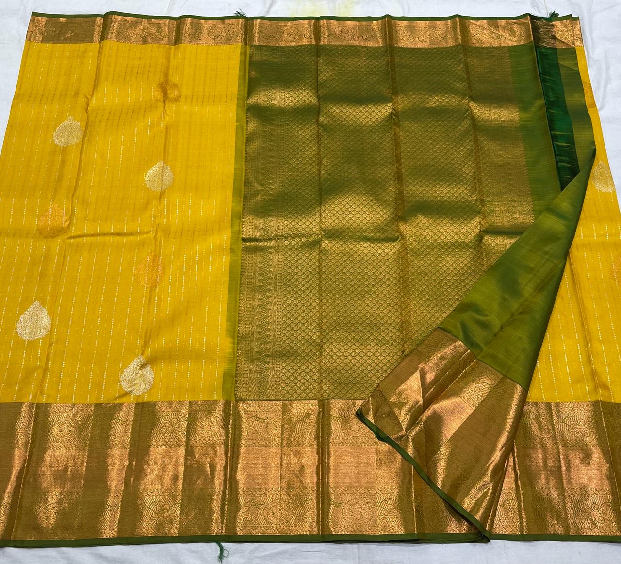 BOTTLE GREEN/MUSTURD YELLOW COLOUR PURE KANCHI SILK SAREE