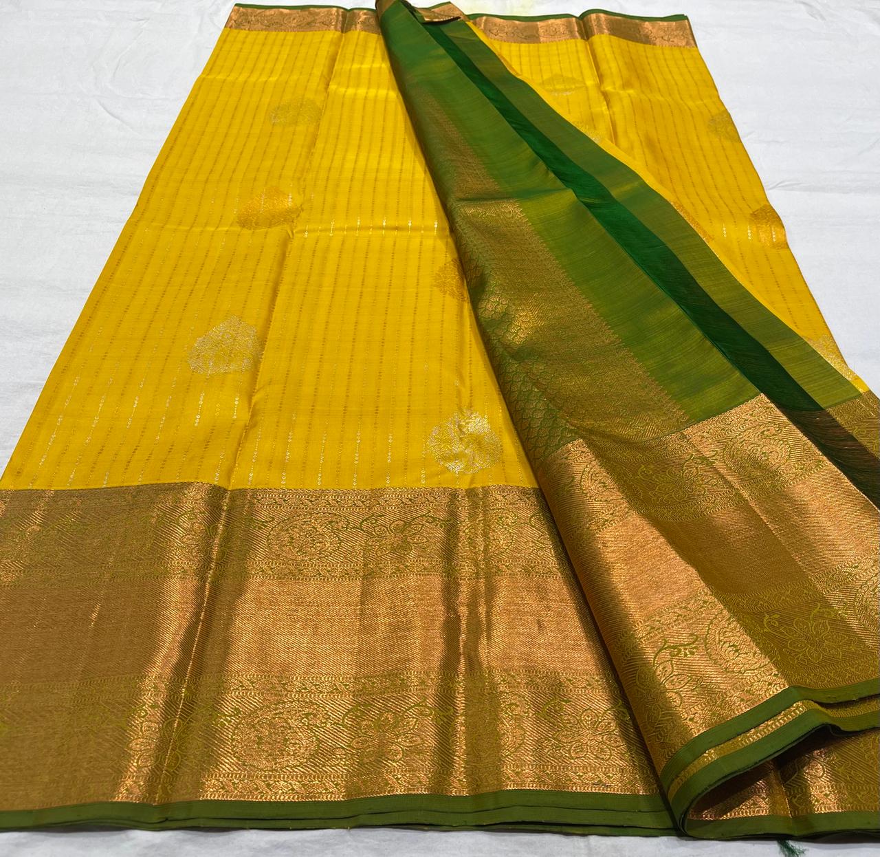 BOTTLE GREEN/MUSTURD YELLOW COLOUR PURE KANCHI SILK SAREE