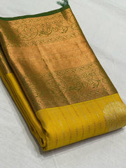 BOTTLE GREEN/MUSTURD YELLOW COLOUR PURE KANCHI SILK SAREE