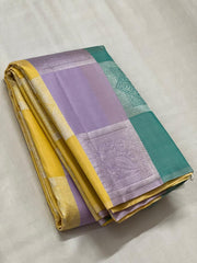 YELLOW ,LEVANDER,BLUE COLOUR PURE KANCHI SILK SAREE