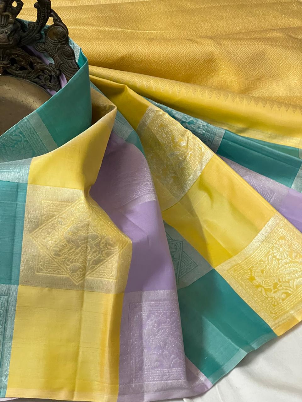 YELLOW ,LEVANDER,BLUE COLOUR PURE KANCHI SILK SAREE