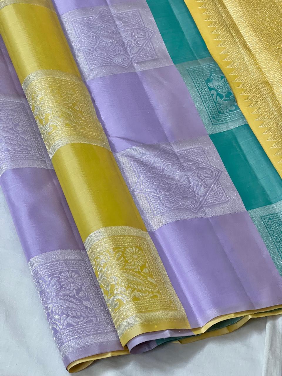 YELLOW ,LEVANDER,BLUE COLOUR PURE KANCHI SILK SAREE