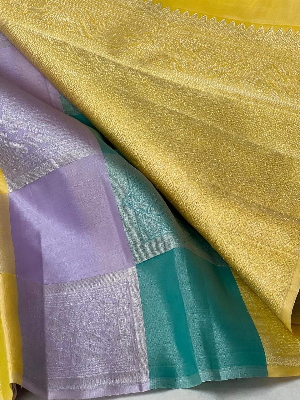 YELLOW ,LEVANDER,BLUE COLOUR PURE KANCHI SILK SAREE