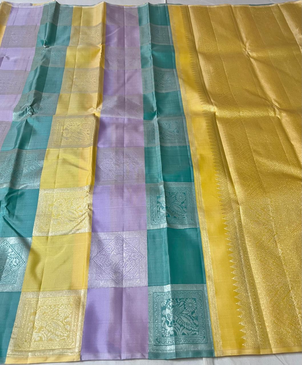 YELLOW ,LEVANDER,BLUE COLOUR PURE KANCHI SILK SAREE