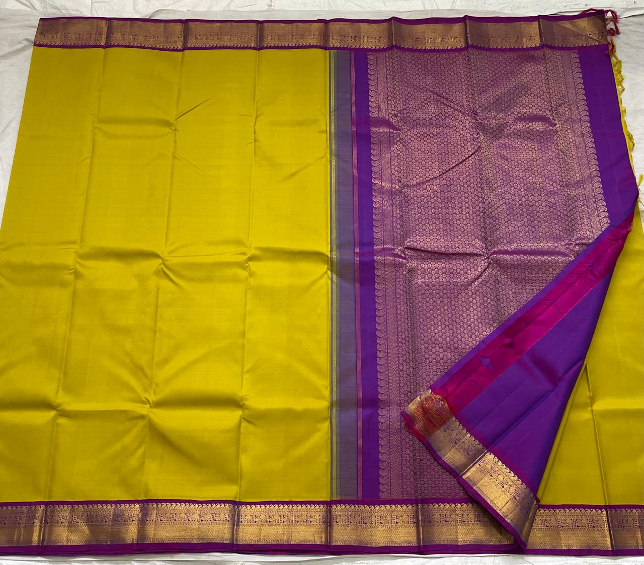 MUSTURD YELLOW/PURPLE COLOUR COMBITION PURE KANCHI SILK SAREE