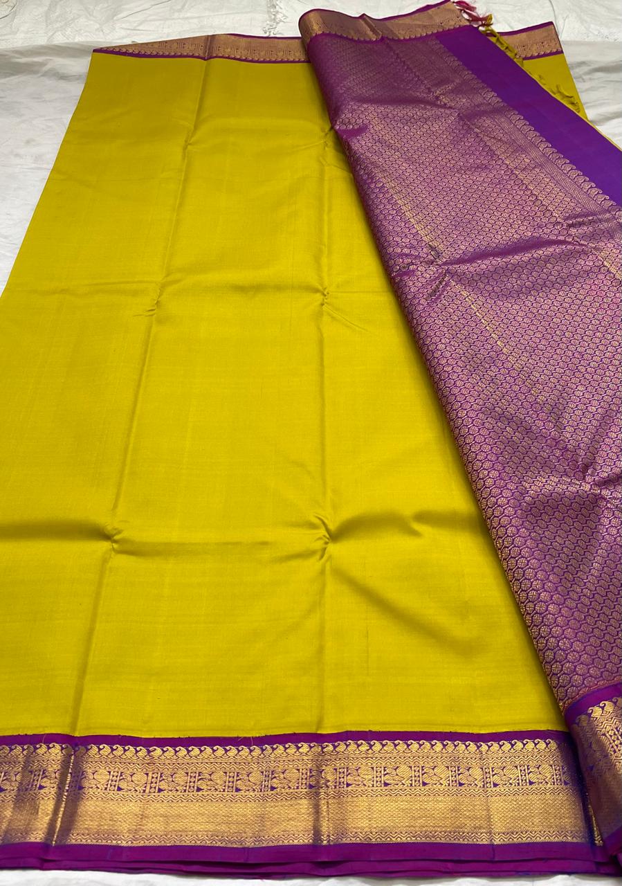 MUSTURD YELLOW/PURPLE COLOUR COMBITION PURE KANCHI SILK SAREE