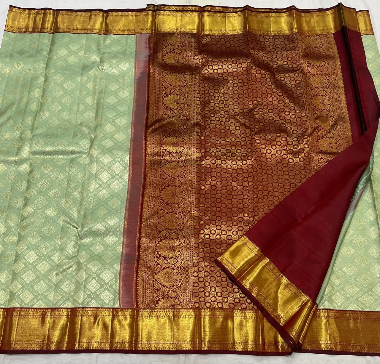 LITE GREEN/MAROON COLOUR COMBITION PURE KANCHI SILK SAREE