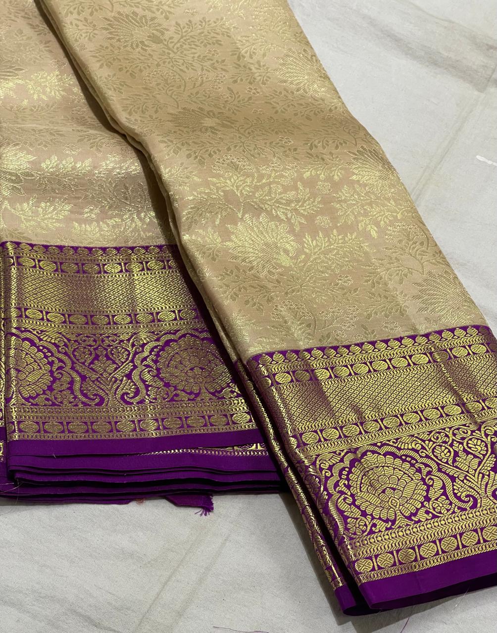 CREAM/PURPLE  WITH ZARI  KANCHI SILK SAREE