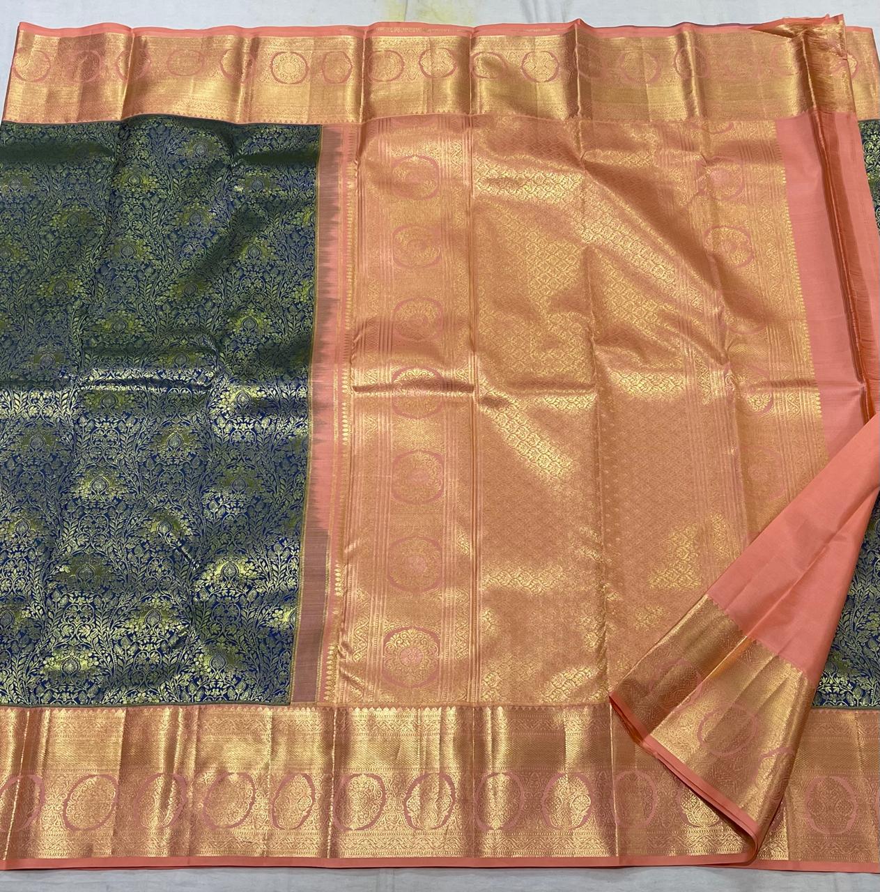 NAVY BLUE/LIGHT ORANGE COLOUR COMBITION PURE KANCHI SILK SAREE