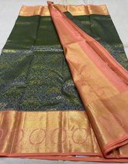 NAVY BLUE/LIGHT ORANGE COLOUR COMBITION PURE KANCHI SILK SAREE