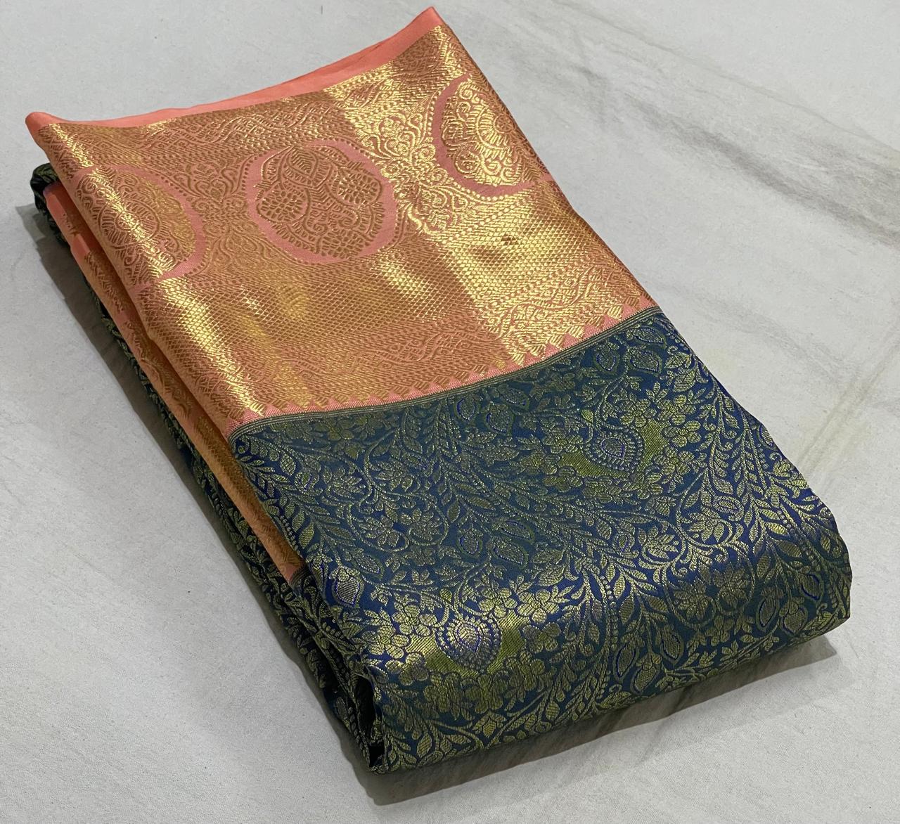 NAVY BLUE/LIGHT ORANGE COLOUR COMBITION PURE KANCHI SILK SAREE