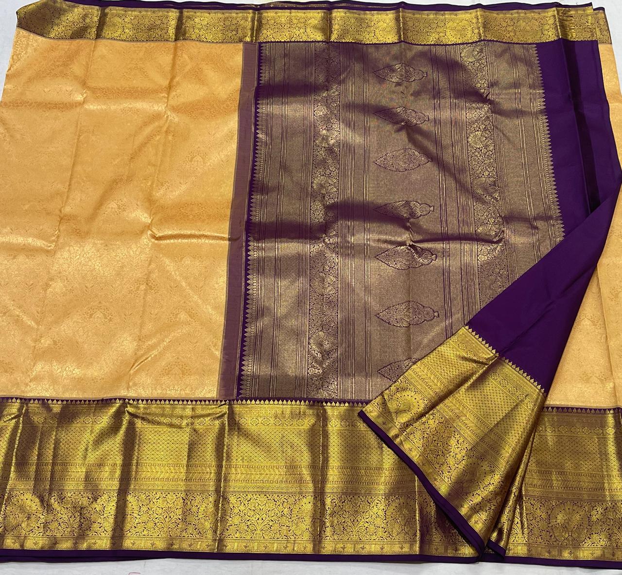 YELLOW/VOILET COLOUR COMBITION PURE KANCHI SILK SAREE