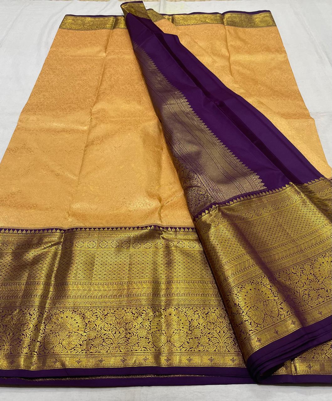 YELLOW/VOILET COLOUR COMBITION PURE KANCHI SILK SAREE