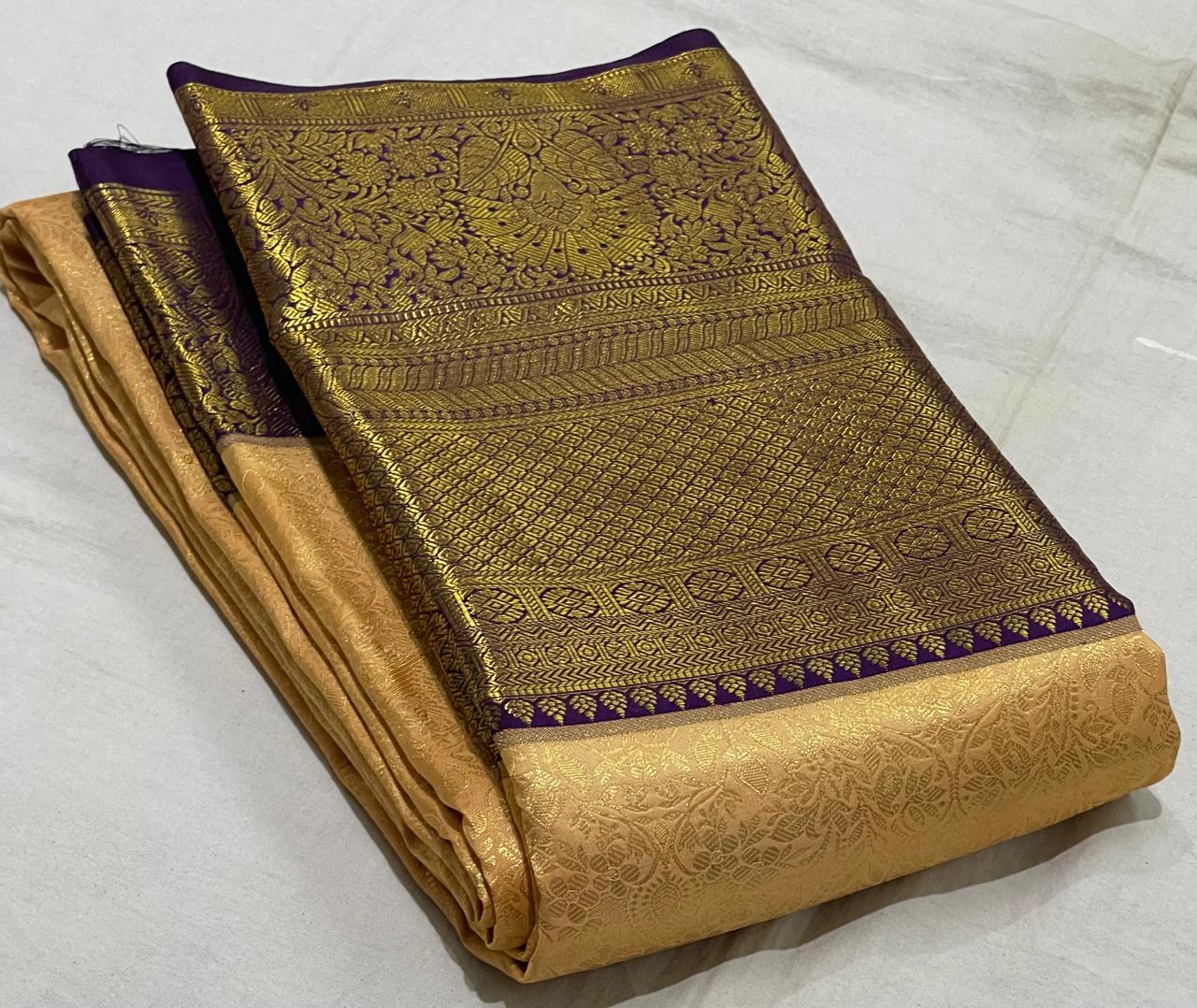 YELLOW/VOILET COLOUR COMBITION PURE KANCHI SILK SAREE