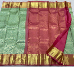 SEA GREEN / PINK  COLOUR COMBITION PURE KANCHI SILK SAREE