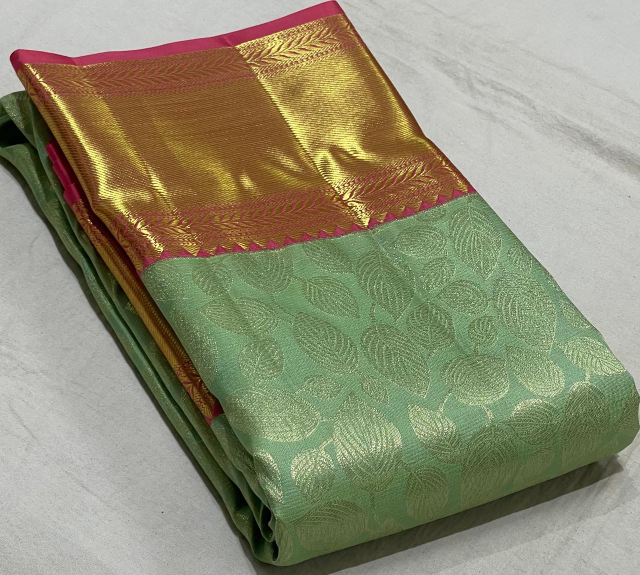 SEA GREEN / PINK  COLOUR COMBITION PURE KANCHI SILK SAREE