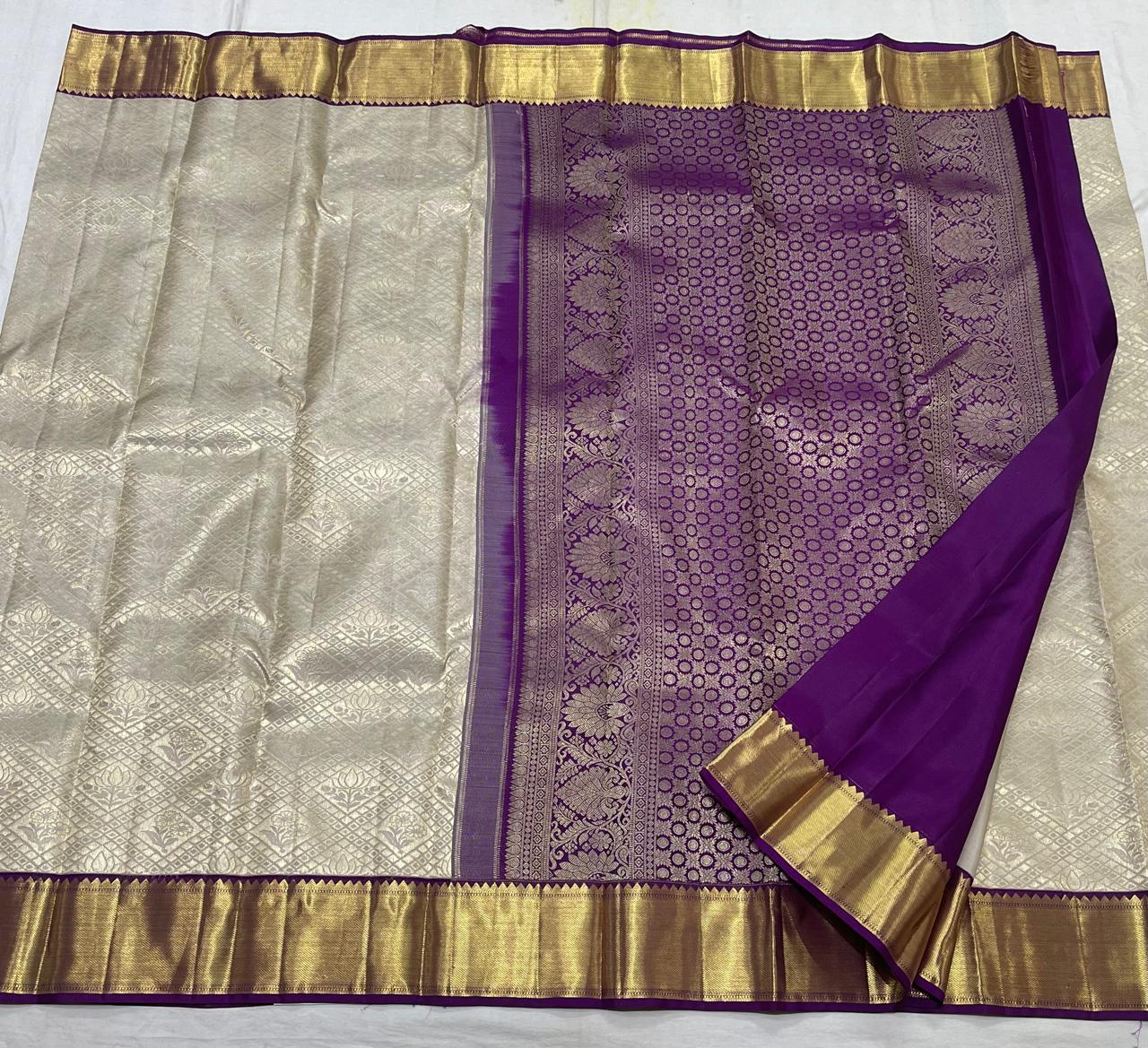 HALF WHITE/PURPLE WITH ZARI  KANCHI SILK SAREE