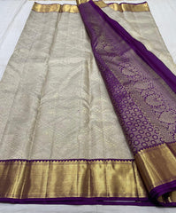 HALF WHITE/PURPLE WITH ZARI  KANCHI SILK SAREE