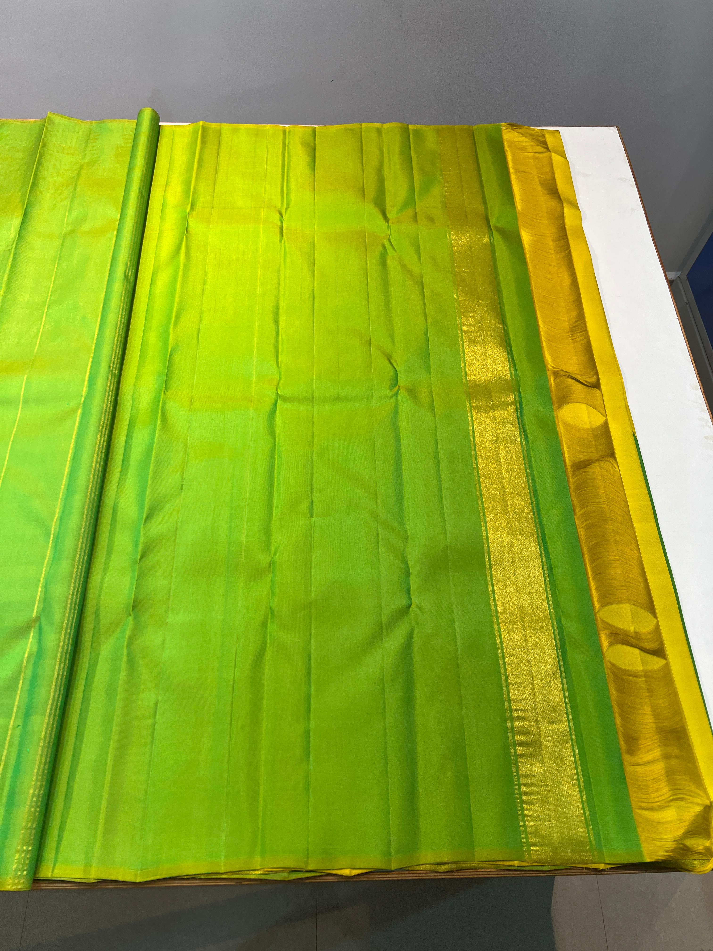 LEMON YELLOW/PARROT GREEN COLOUR COMBITION PURE KANCHI SILK SAREE