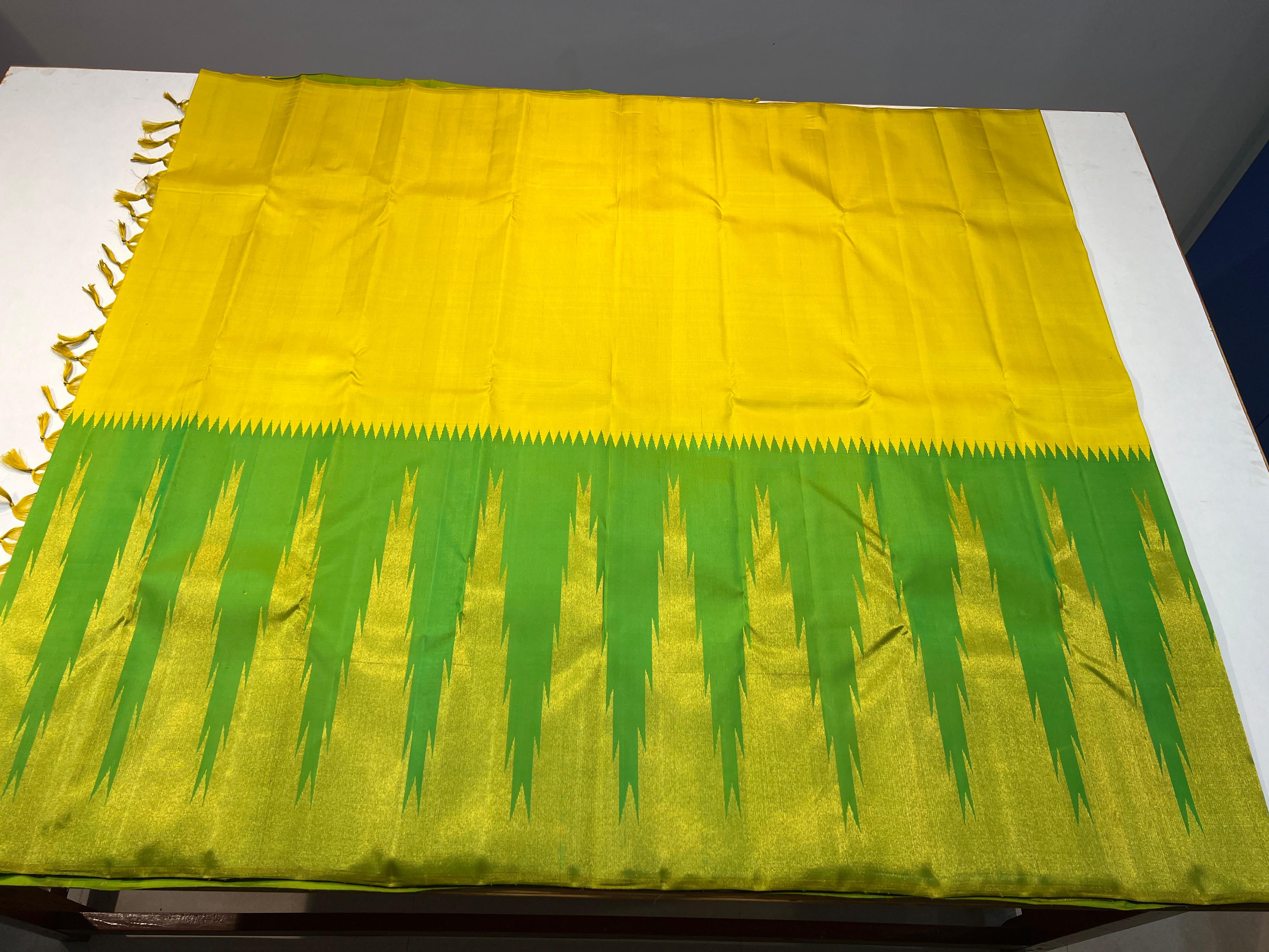 LEMON YELLOW/PARROT GREEN COLOUR COMBITION PURE KANCHI SILK SAREE