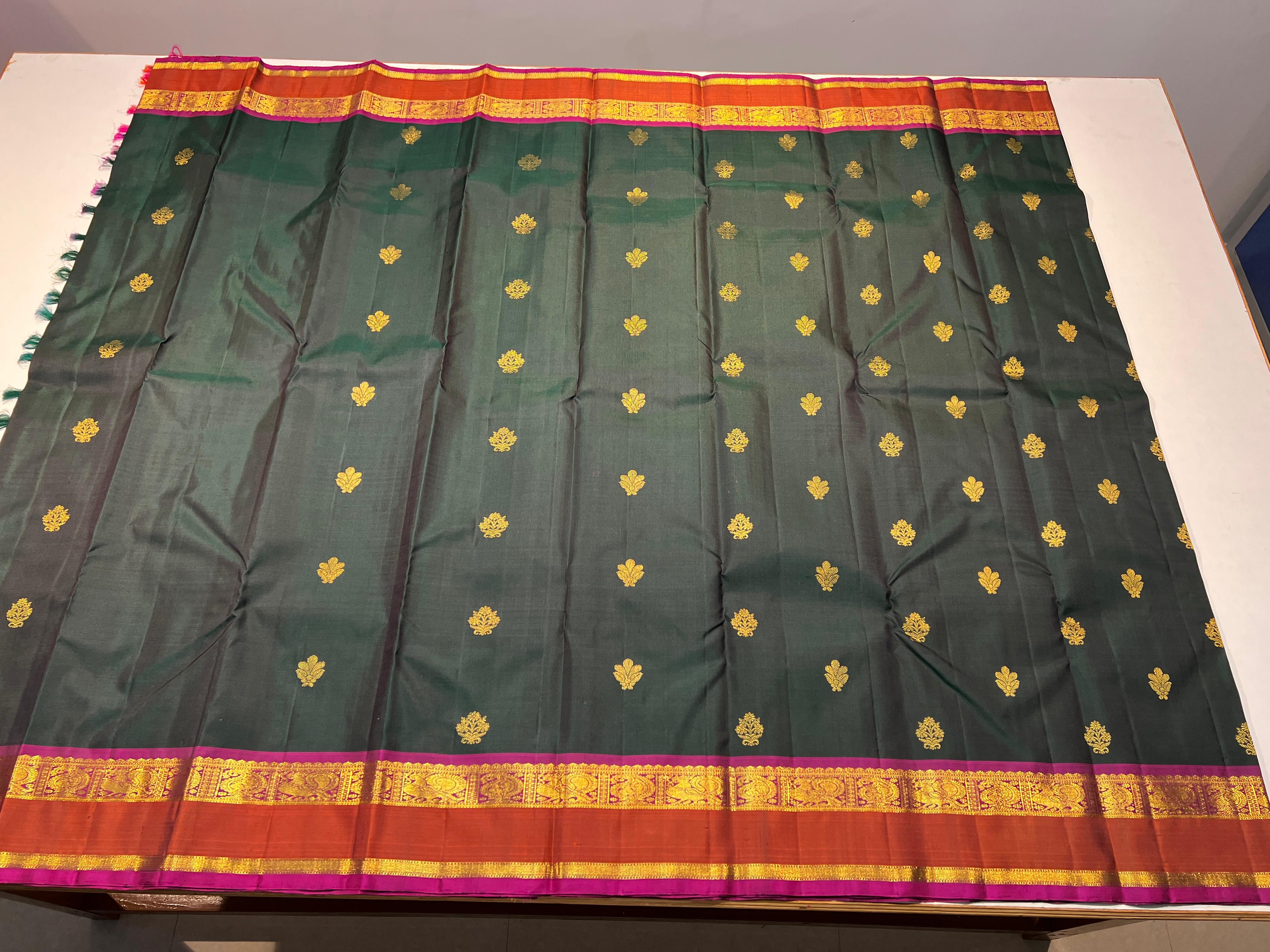 BOTTLE GREEN/ORANGE/RED COLOUR COMBITION PURE KANCHI SILK SAREE