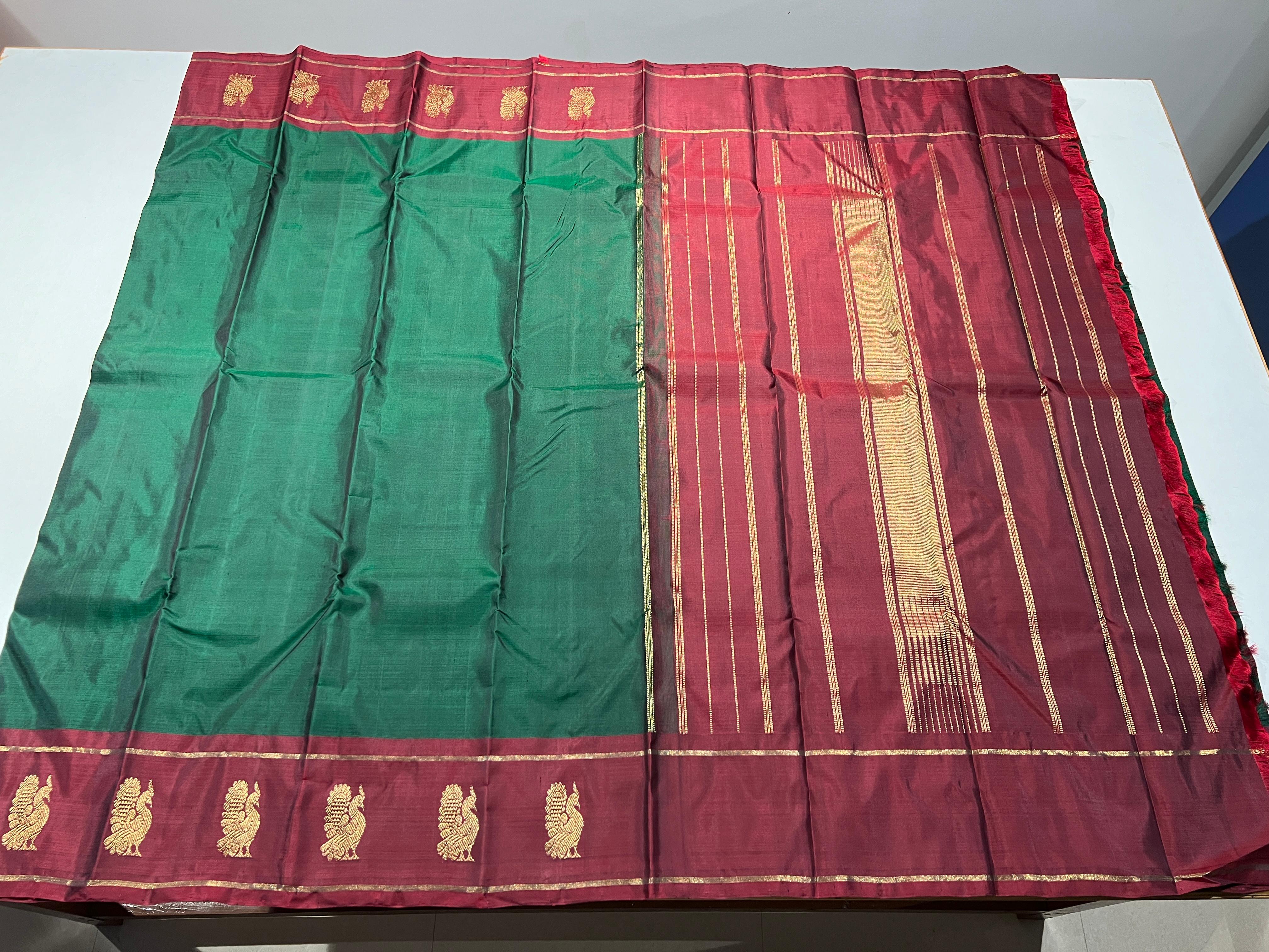 BOTTLE GREEN/RED COLOUR COMBITION PURE KANCHI SILK SAREE