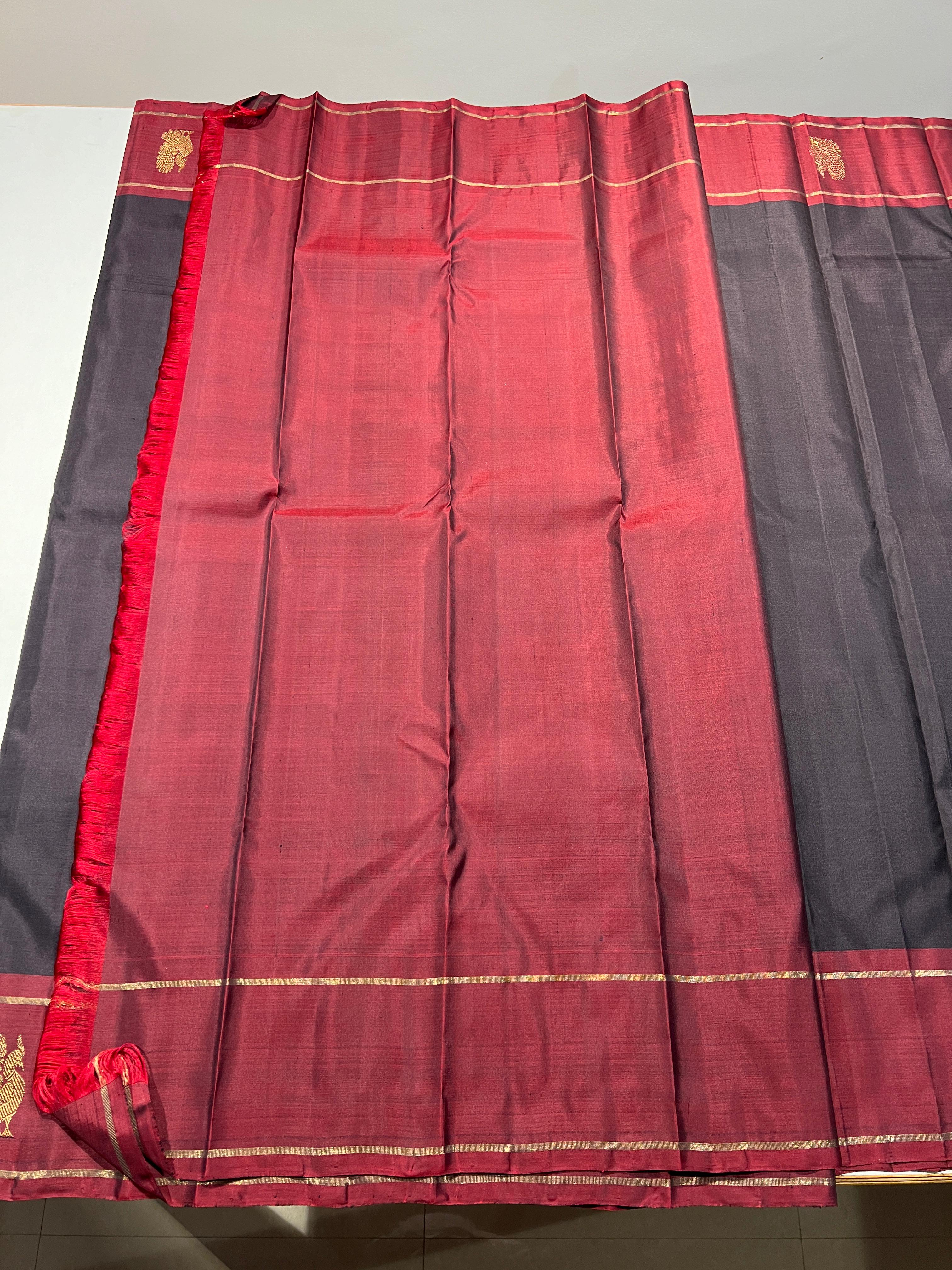 BROWN/RED COLOUR COMBITION PURE KANCHI SILK SAREE