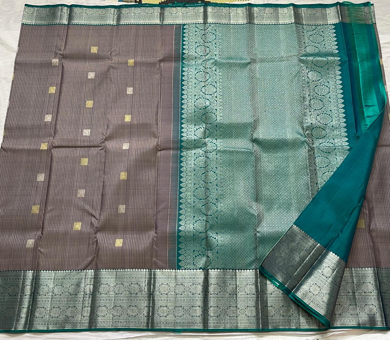 ASH/TEAL BLUE COLOUR COMBITION PURE KANCHI SILK SAREE