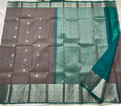 ASH/TEAL BLUE COLOUR COMBITION PURE KANCHI SILK SAREE