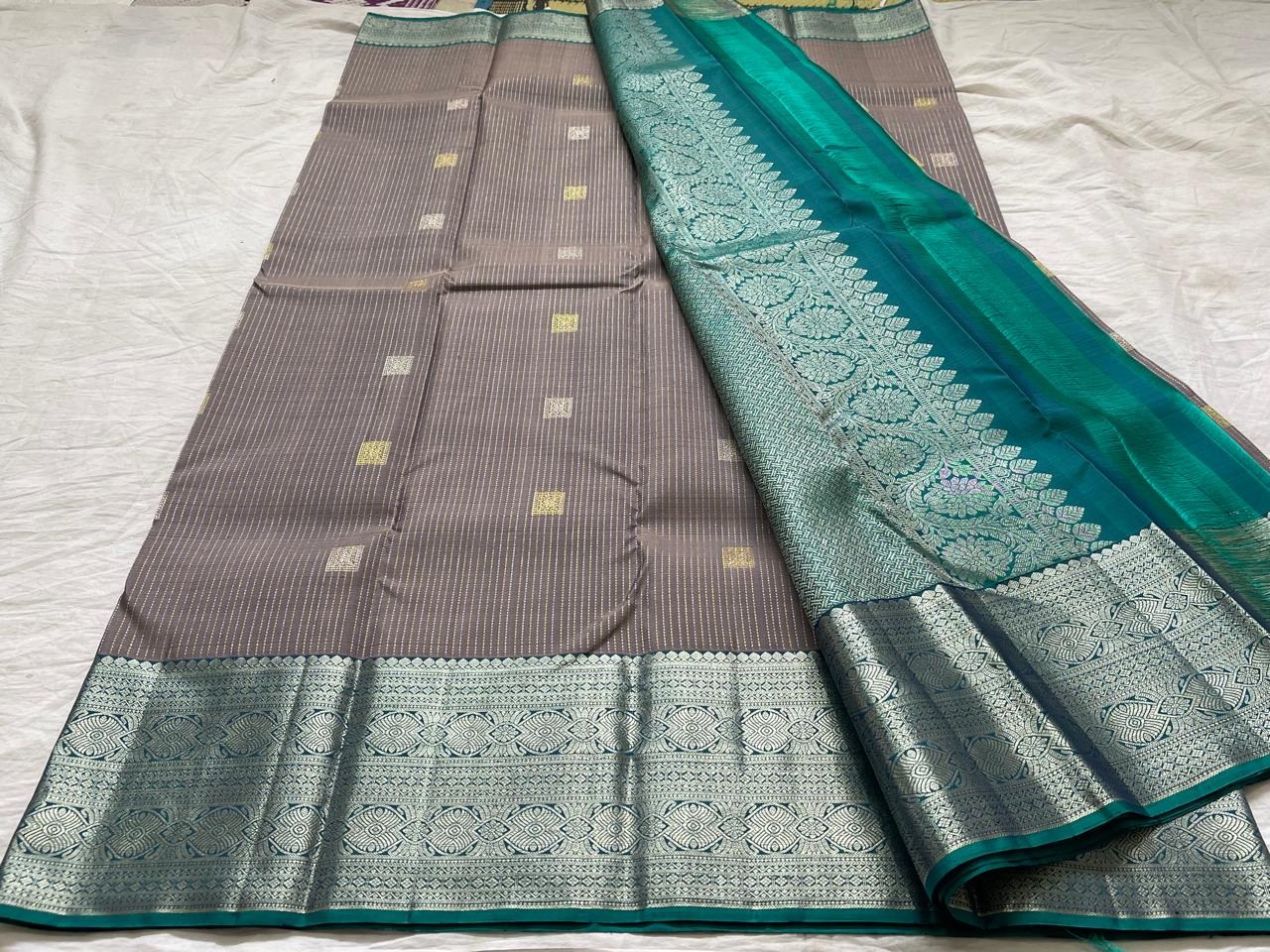 ASH/TEAL BLUE COLOUR COMBITION PURE KANCHI SILK SAREE