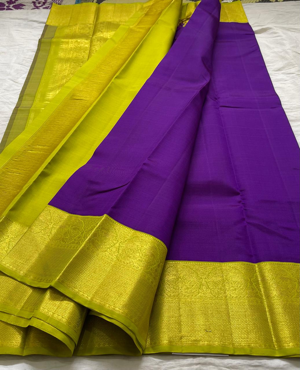 VOILET/LITE GREEN COLOUR COMBITION PURE KANCHI SILK SAREE