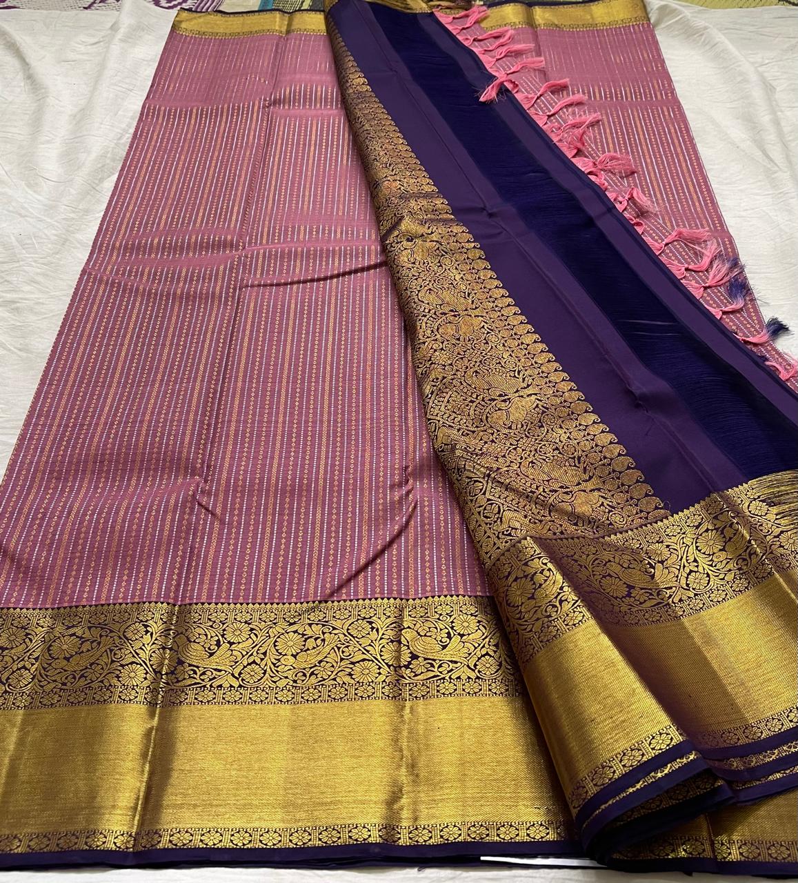 PEACH/NAVY BLUE COLOUR COMBITION PURE KANCHI SILK SAREE