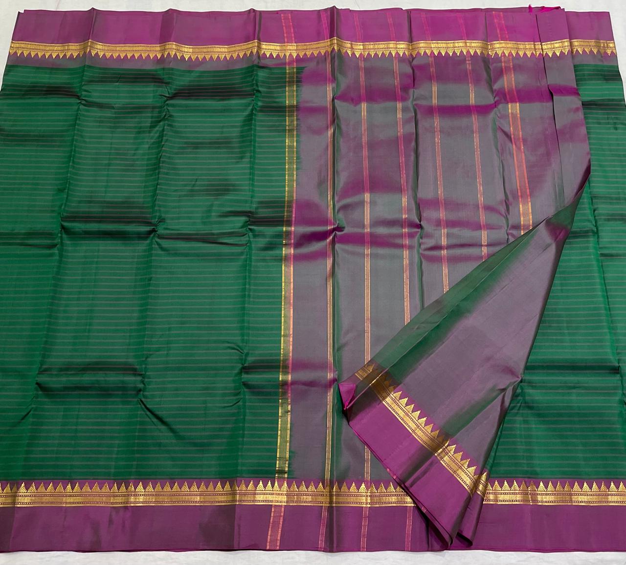 BOTTLE GREEN/PURPLE  COLOUR COMBITION PURE KANCHI SILK SAREE