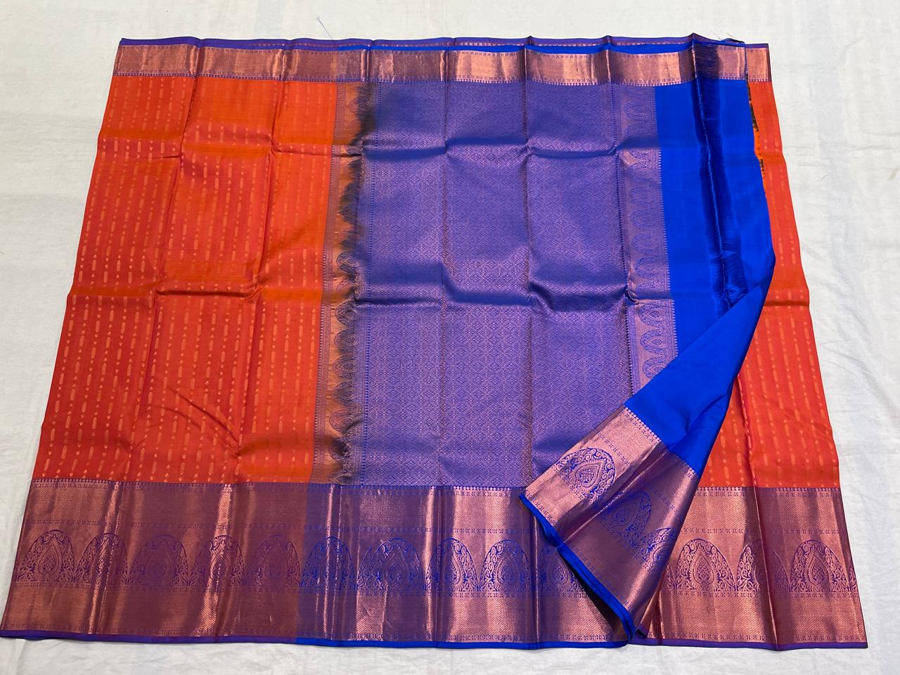 ORANGE/ROYAL BLUE COLOUR COMBITION PURE KANCHI SILK SAREE