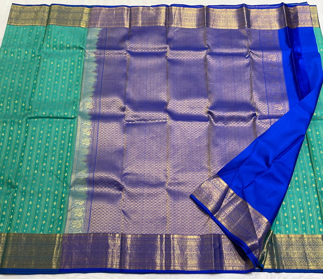 TORQUISE BLUE/ROYAL BLUE COLOUR COMBITION PURE KANCHI SILK SAREE