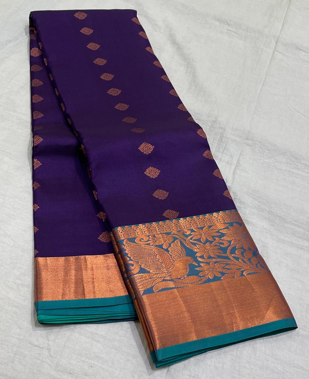 VOILET/TORQUISE BLUE COLOUR COMBITION PURE KANCHI SILK SAREE