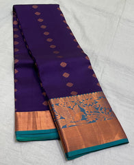 VOILET/TORQUISE BLUE COLOUR COMBITION PURE KANCHI SILK SAREE