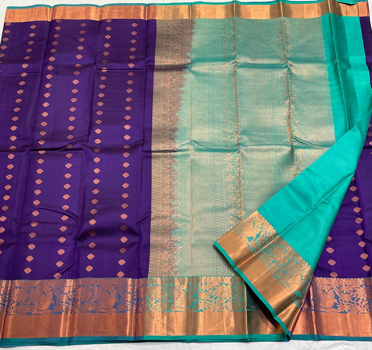 VOILET/TORQUISE BLUE COLOUR COMBITION PURE KANCHI SILK SAREE