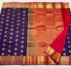 VOILET/ORANGISH RED COLOUR COMBITION PURE KANCHI SILK SAREE