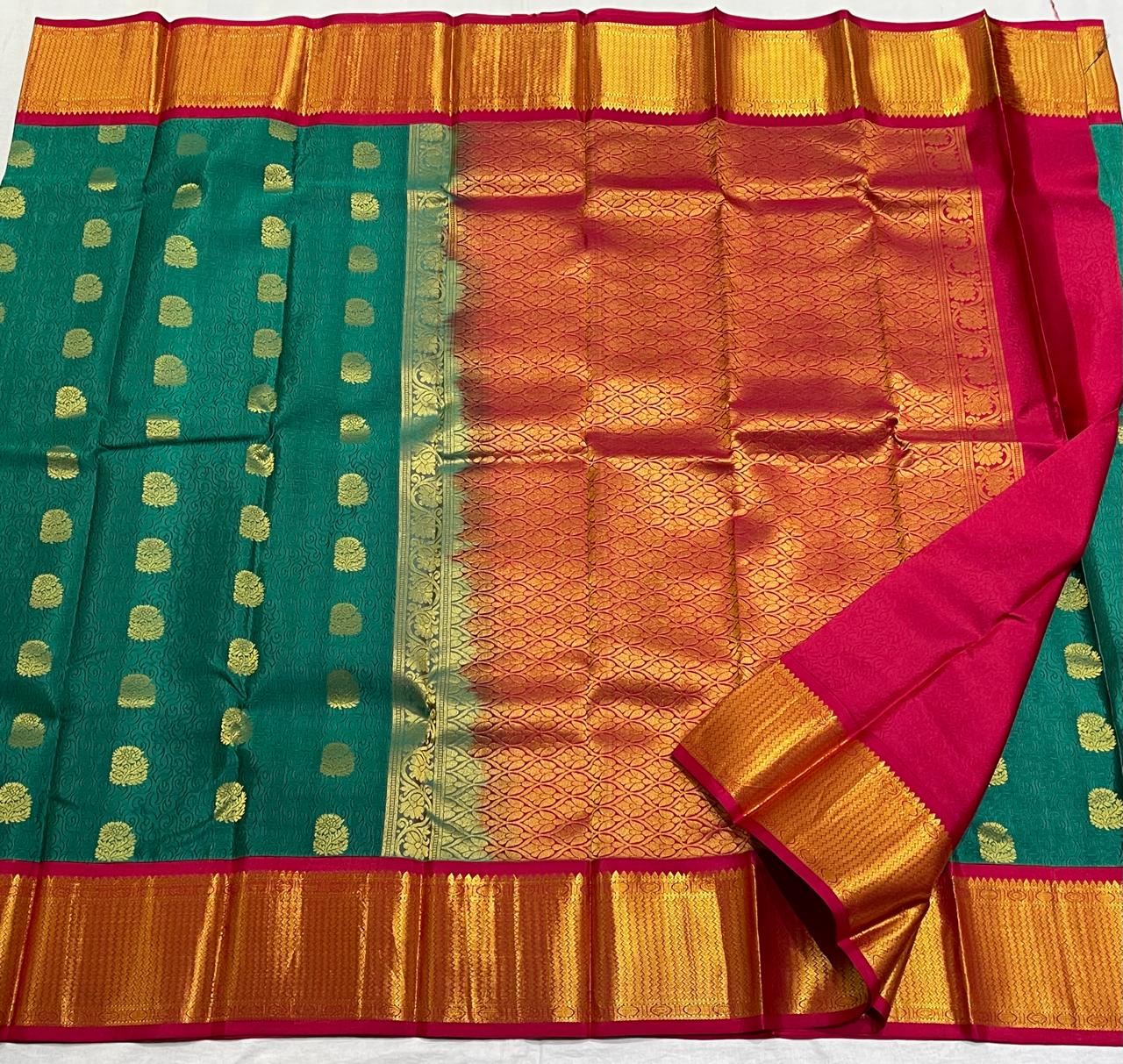 GREEN/RED COLOUR COMBITION PURE KANCHI SILK SAREE