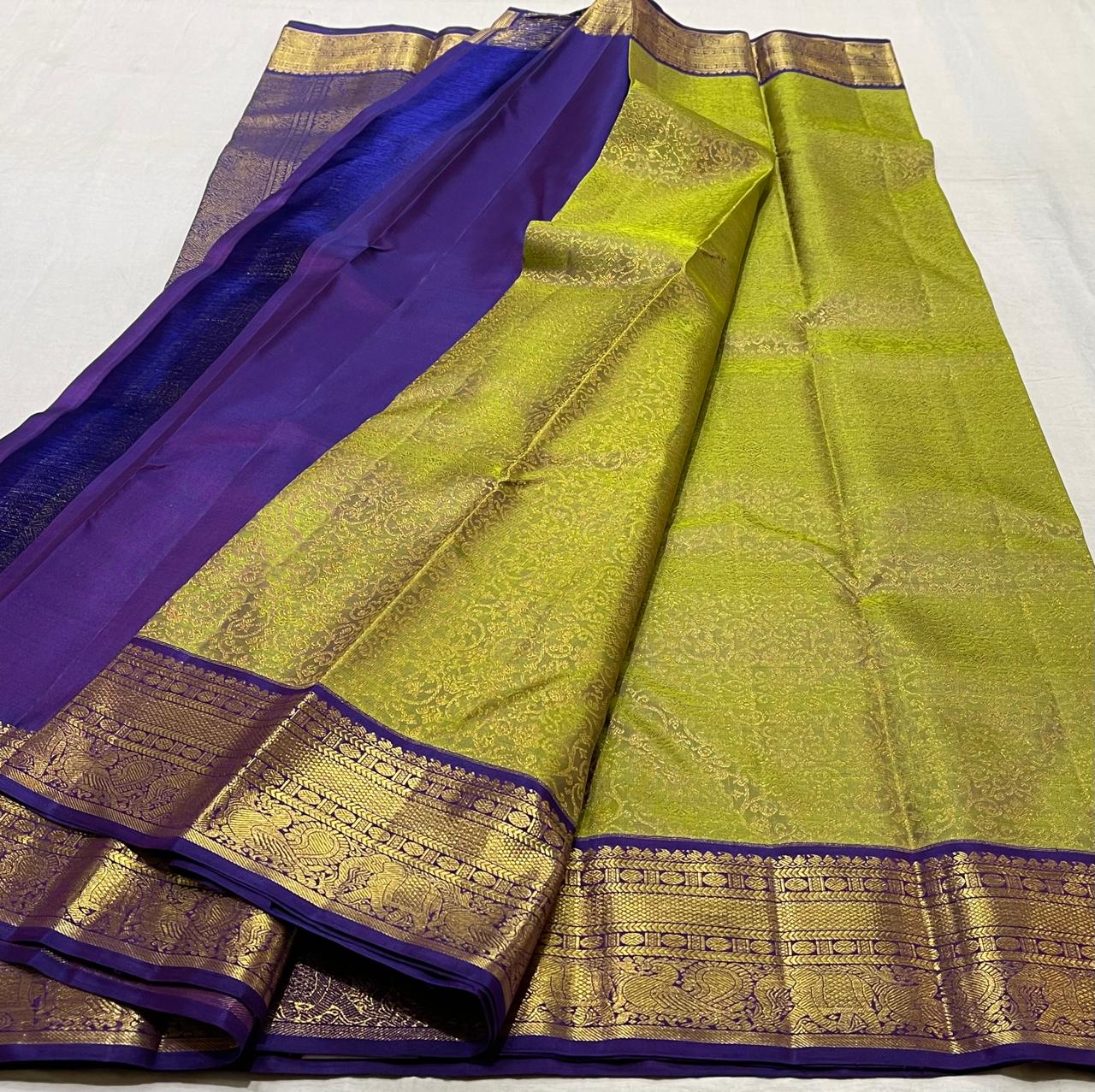 MEHANDI GREEN/BLUE  COLOUR COMBITION PURE KANCHI SILK SAREE