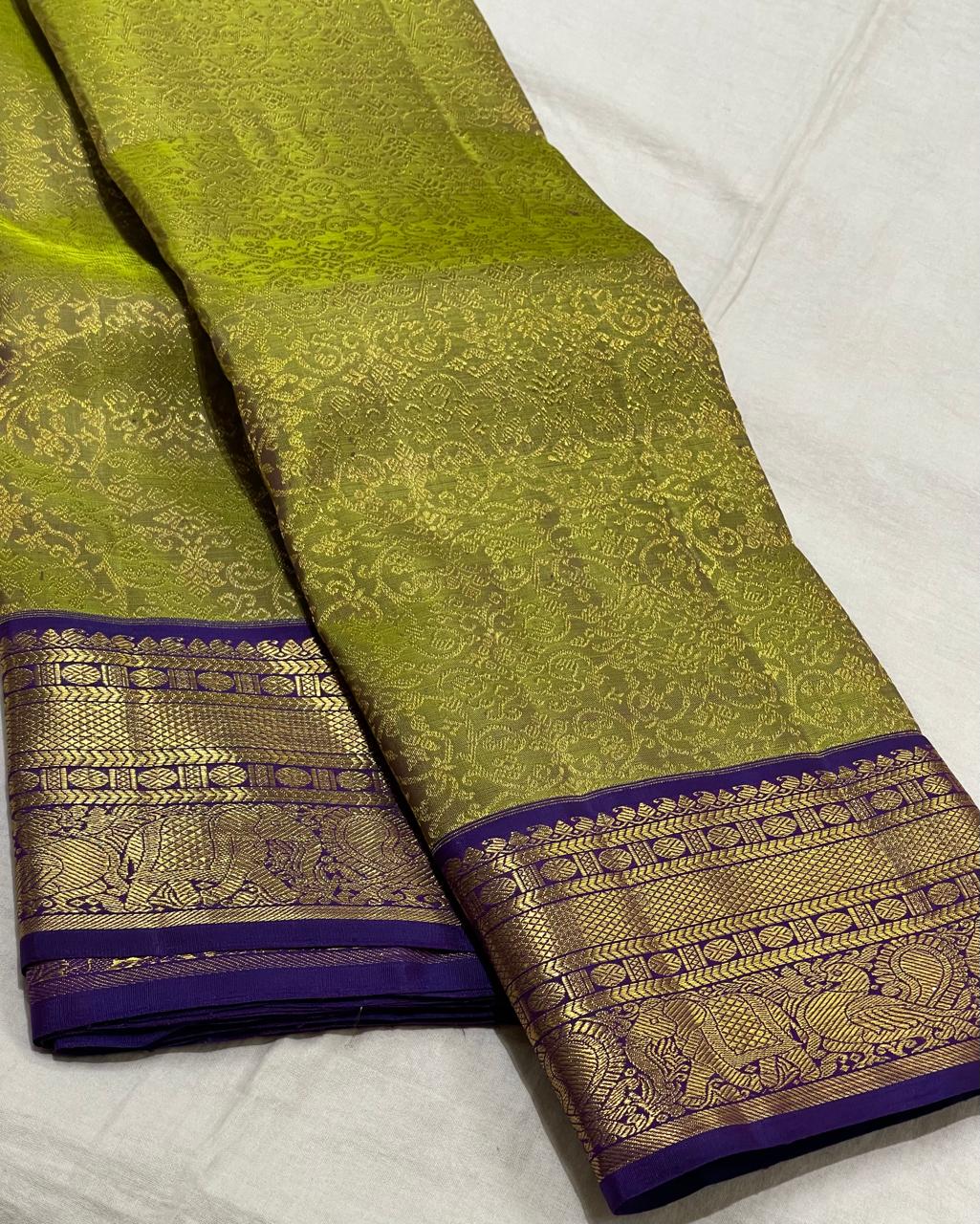 MEHANDI GREEN/BLUE  COLOUR COMBITION PURE KANCHI SILK SAREE