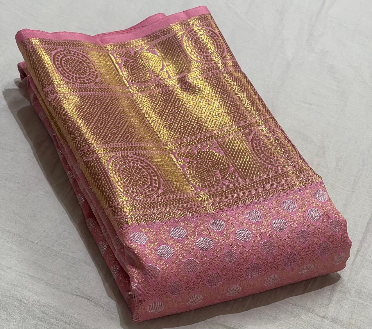 PEACH  COLOUR COMBITION PURE KANCHI SILK SAREE