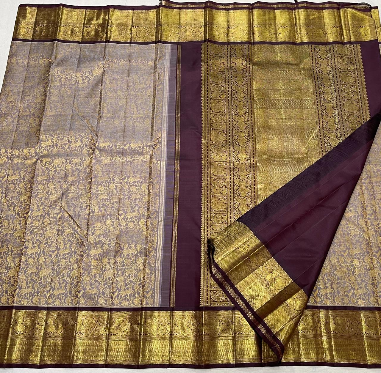 BROWN  COLOUR COMBITION PURE KANCHI SILK SAREE