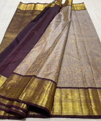 BROWN  COLOUR COMBITION PURE KANCHI SILK SAREE