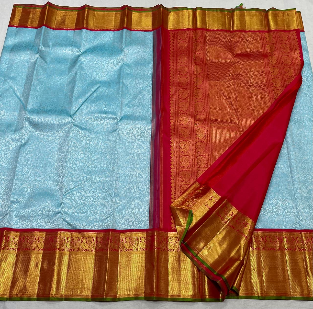 SKY /RED  COLOUR COMBITION PURE KANCHI SILK SAREE