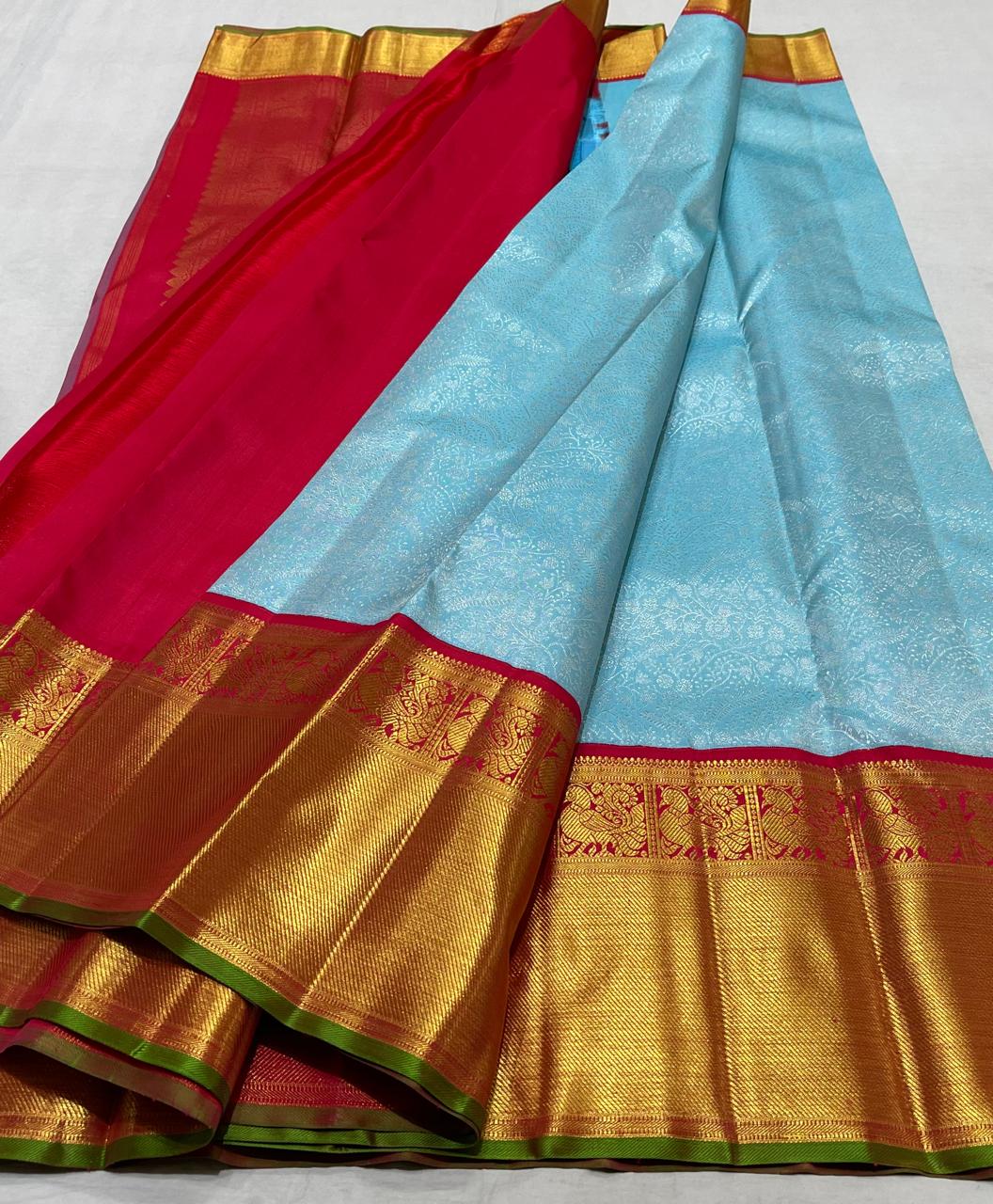 SKY /RED  COLOUR COMBITION PURE KANCHI SILK SAREE